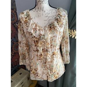 Nine West 90s Y2K Coquette Flirty Ruffled Floral Blouse Size 10